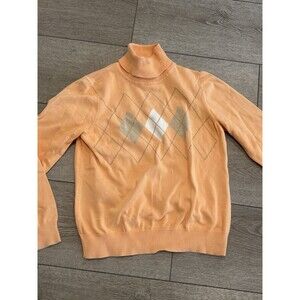Izod Argyle Turtleneck Sweater Womens Large Orange White Grey Pullover LS Cotton